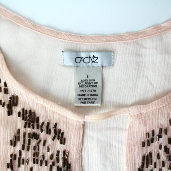 Cache size S silk sheer 3/4 sleeve embellished beaded blouse tunic top Pink - Picture 8 of 11
